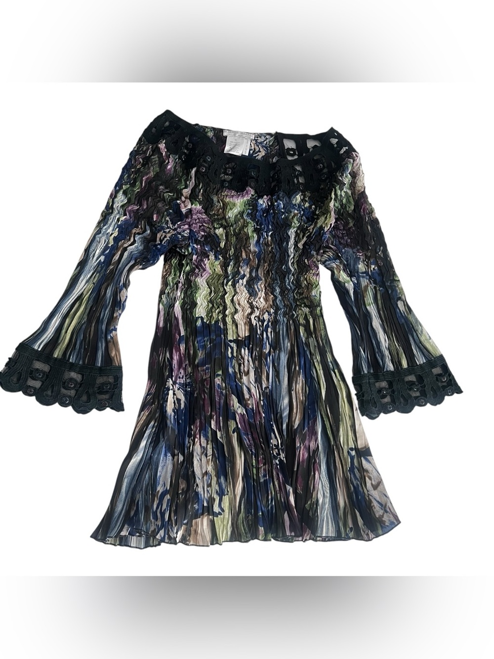 Alberto Makali Pleated Embellished Tunic Blouse Size M Boho Artsy Bell Sleeve